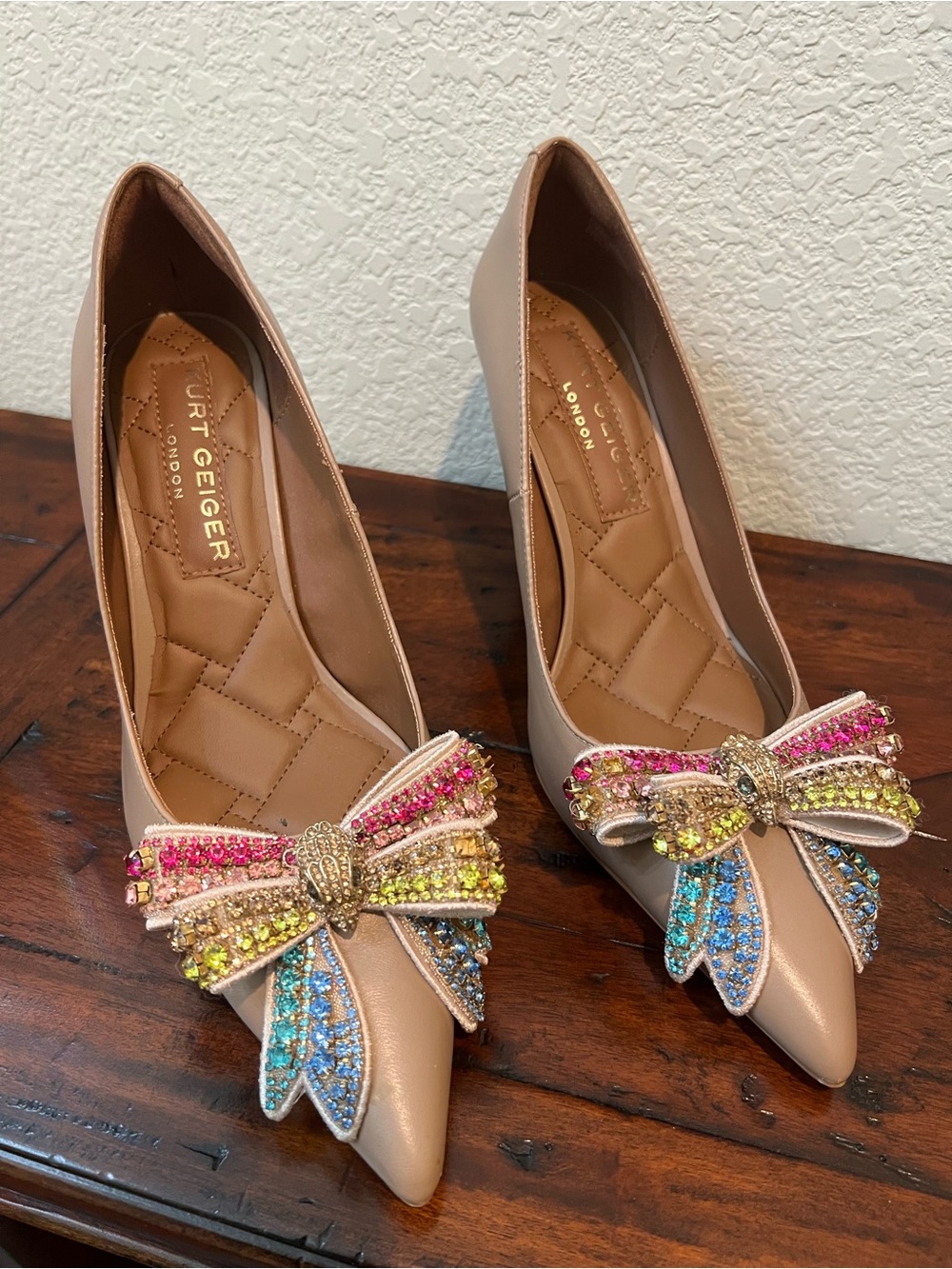 Kurt Geiger Nude Pointed Toe Pumps with Multicolor Crystal Bow